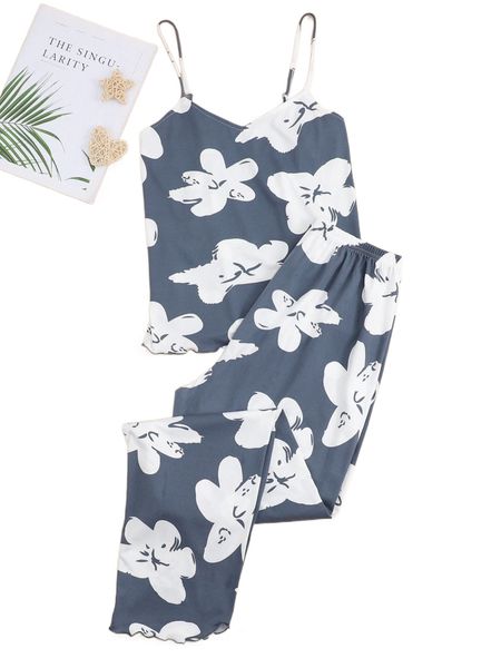 

floral print cami pajama set 00c3#, Black;red