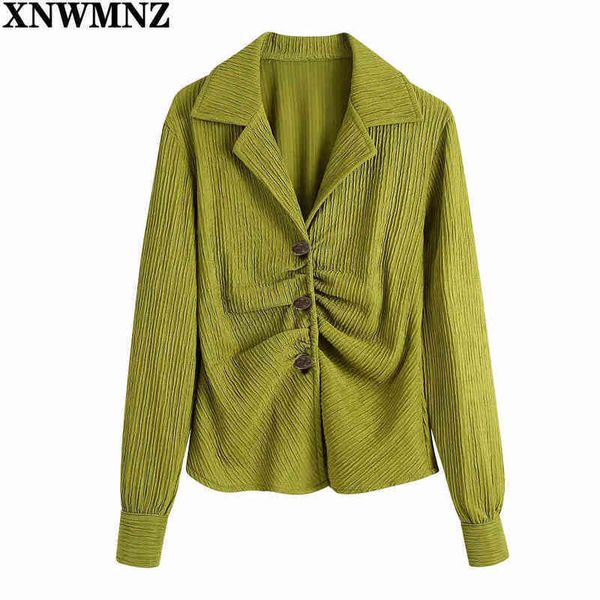 

xnwmnz fashion buttonup pleated blouses women green vintage lapel collar long sleeve female shirts blusas chic 210513, White