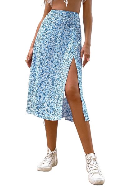 

high waist ditsy floral split thigh skirt 24w2#, Black