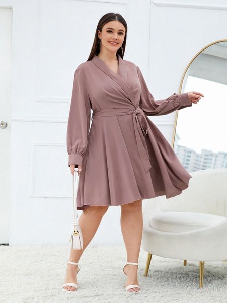 

plus bishop sleeve shawl collar belted dress n4ts#, Black