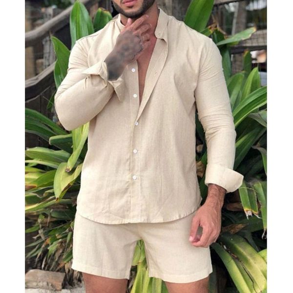 

men's tracksuits summer men hawaiian sets beach long sleeve stand collar shirt board shorts 2 pieces streetwear cotton linen setsmen&#0, Gray