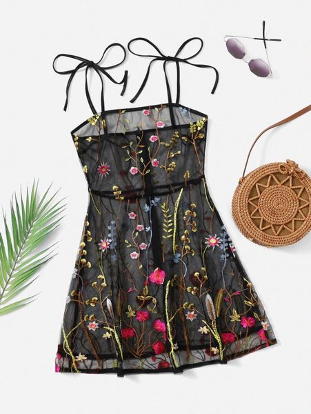 

knot shoulder floral embroidery mesh cami dress z99h#, Black;gray