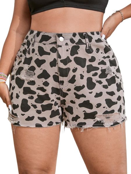 

plus high waist cow print ripped frayed hem denim shorts 22ea#, White;black