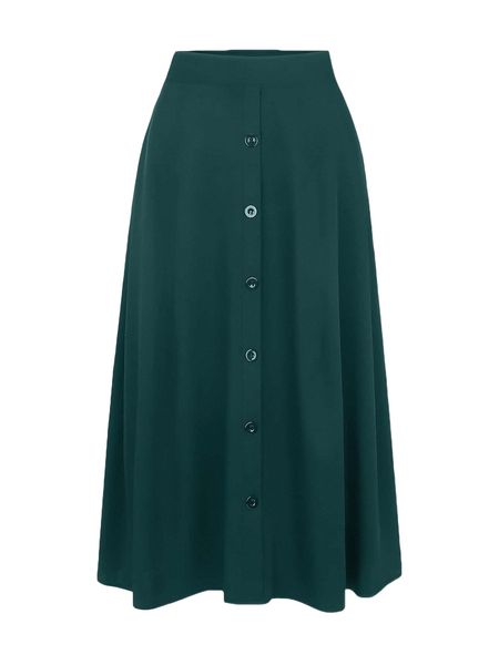 

plus solid button front flare hem skirt k2s9#, Black