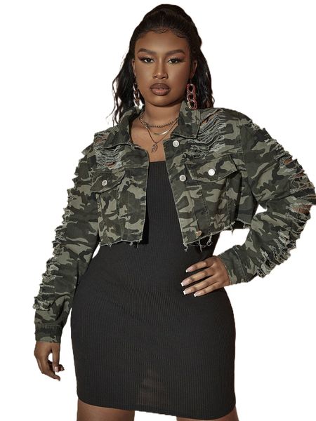

sxy plus camo print ripped raw cut denim jacket r3ul#, Black;brown