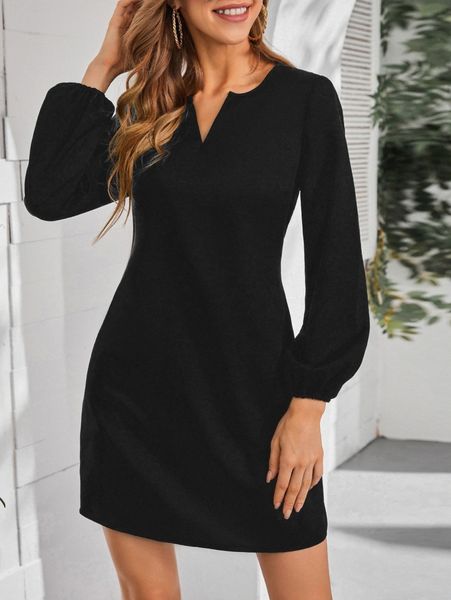 

notched neckline lantern sleeve dress n7ek#, Black;gray