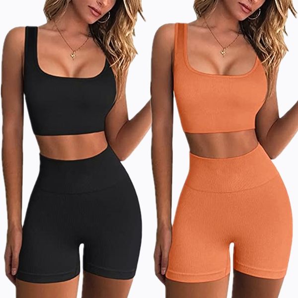 

women workout outfit shorts set 2 piece ribbed seamless crop tank yoga padded bras high waist booty shorts gym legging sports activewear cl, White;red