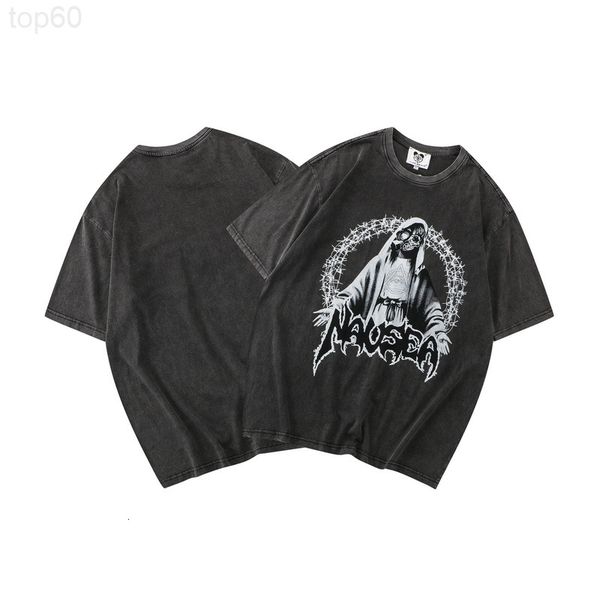 

men's t-shirts designer washing used street 220g combed cotton t-shirt youth loose skull direct spray round neck aiuc, White;black