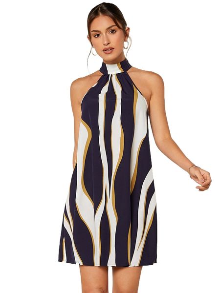 

color block halter neck tunic dress w1lt#, Black;gray