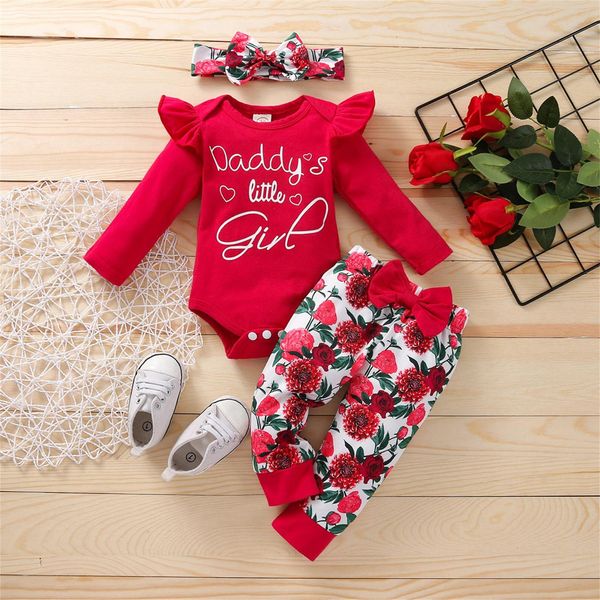 

3pcs newborn baby sets girls clothes cotton ruffle letter romper pants hairband set infant outfit fall girl clothing 6 9, White