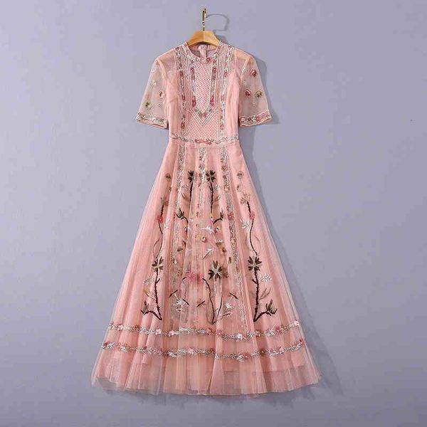 

casual dresses dress double-layer mesh large swing long skirt women's summer 2022 heavy industry embroidered stand collar short sleeved, Black;gray