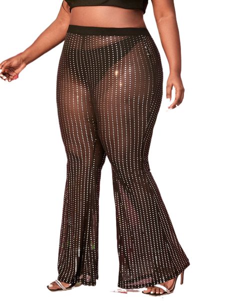 

plus sequin sheer mesh flare leg pants without panty p7rj#, Black
