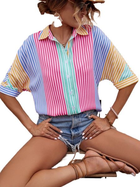 

striped colorblock batwing sleeve shirt l1hw#, White