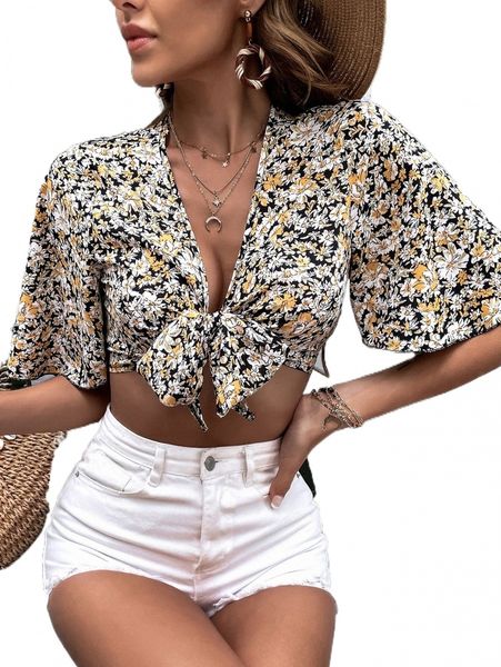 

allover floral print knot front crop k6qu#, White