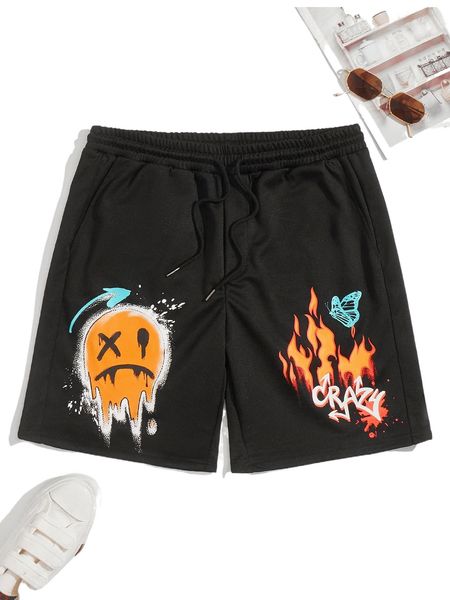 

men butterfly & fire print drawstring waist shorts 72l6#, White;black
