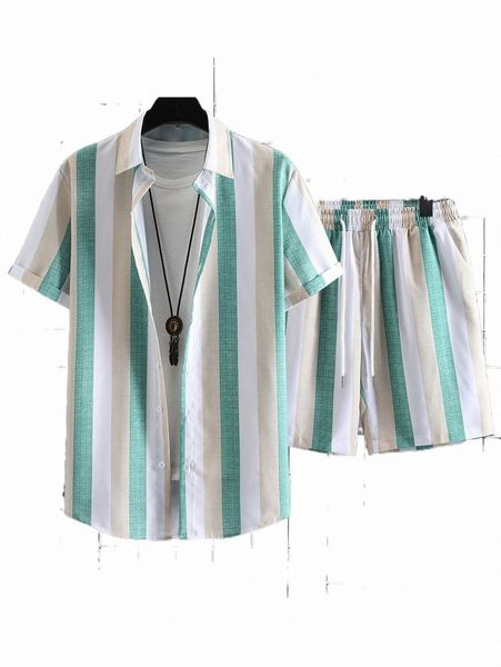 

men colorblock shirt & drawstring waist shorts without tee f4s8#, Gray