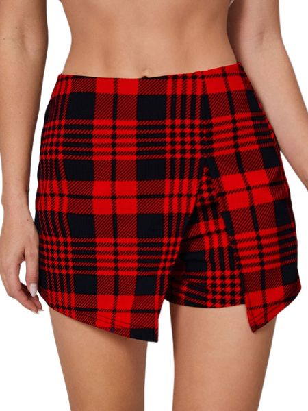 

tartan split hem overlay skort z9li#, White;black