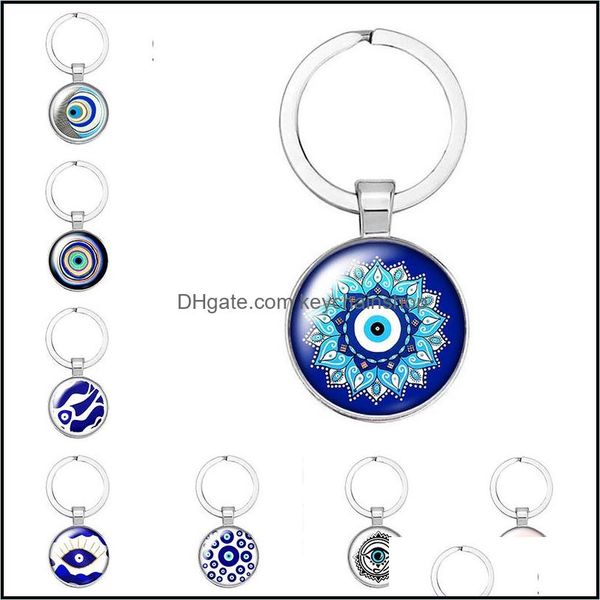 

key rings jewelry custom beauty blue evil eye religious po round glass cabochon keychain car ring holder strap gift keych dhgsf, Slivery;golden