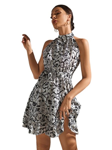 

mock neck floral print belted dress z92f#, Black;gray