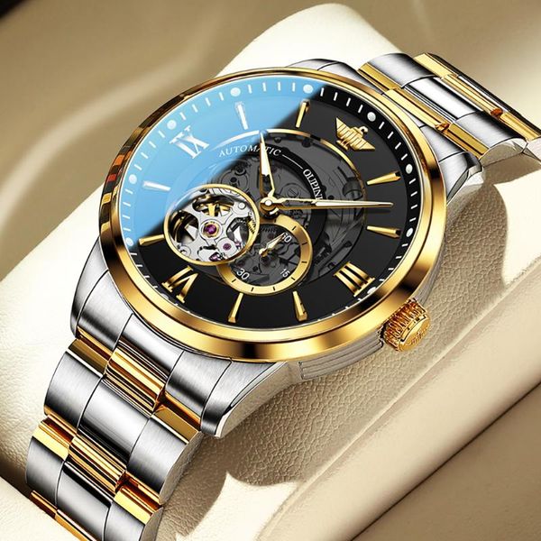 

wristwatches oupinke luxury men's wristwatch waterproof luminous sapphire tungsten steel skeleton automatic mechanical watch gift, Slivery;brown