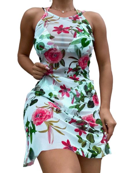 

floral print halter triangle bikini swimsuit with cover up u8se#, White;black