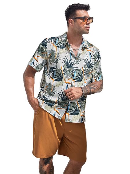 

extended sizes men tropical print shirt & shorts u16s#, Gray