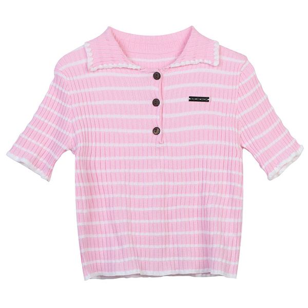 

519 2022 summer kint pullover short sleeve lapel neck brand same style sweater pink blue plaid luxury womens clothes mingmei, White;black