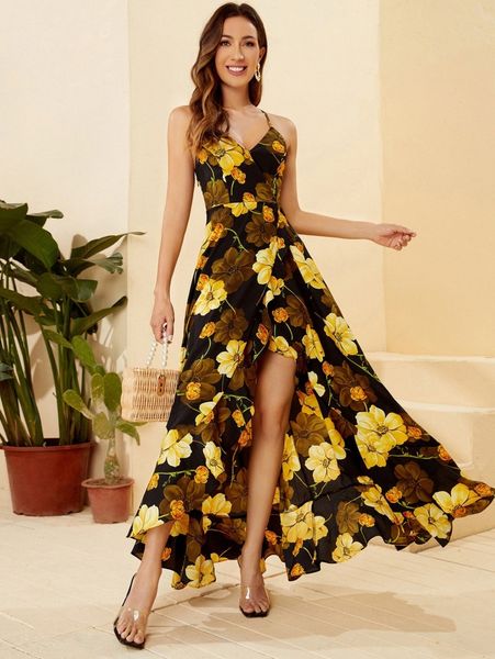 

allover floral print ruffle trim wrap hem dress 05sj#, Black;gray