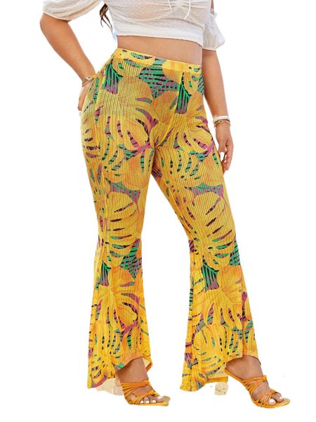 

plus high waist tropical print flared leg pants 789p#, Black