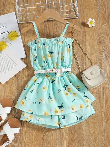

toddler girls floral print cami romper with belt she, Blue