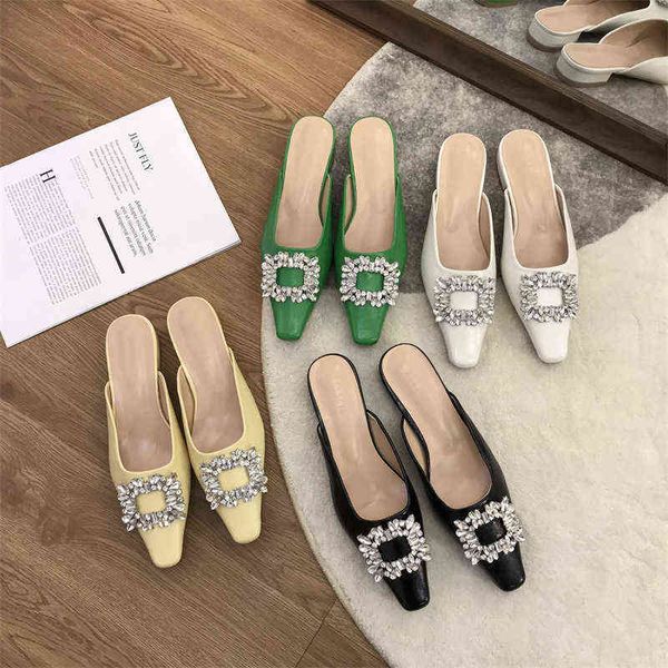

beach flip flops slippers french rhinestone square button half slippers for women to wear green shoes muller 220630, Black