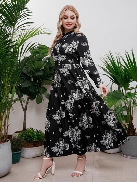 

plus floral print ruffle hem shirt dress g6ag#, Black