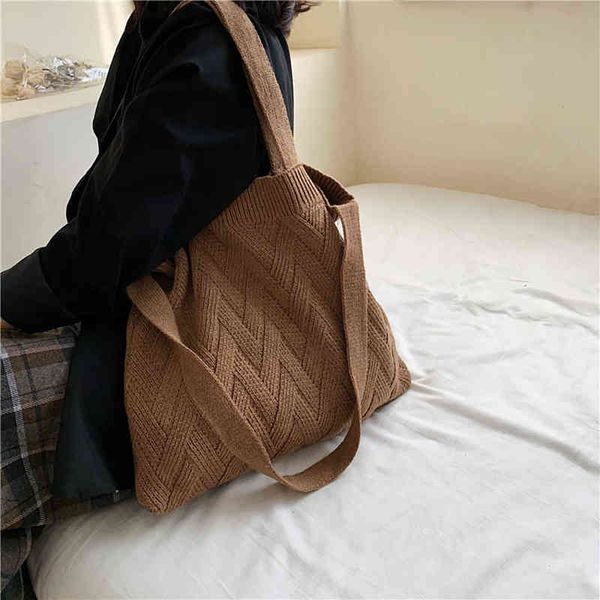 

handbag woman woolen knitting knitted large capacity shoulder bag for women winter retro criss handbags lazy knitting yarn bags 220505