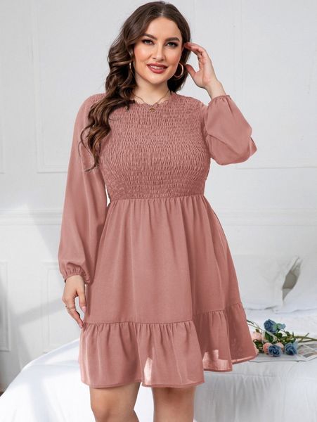 

plus shirred lantern sleeve ruffle hem dress e5gt#, Black