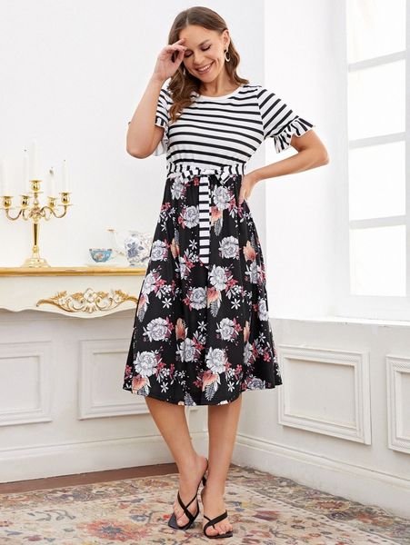 

1pc striped & floral print flounce sleeve knot front dress j91s#, Black;gray