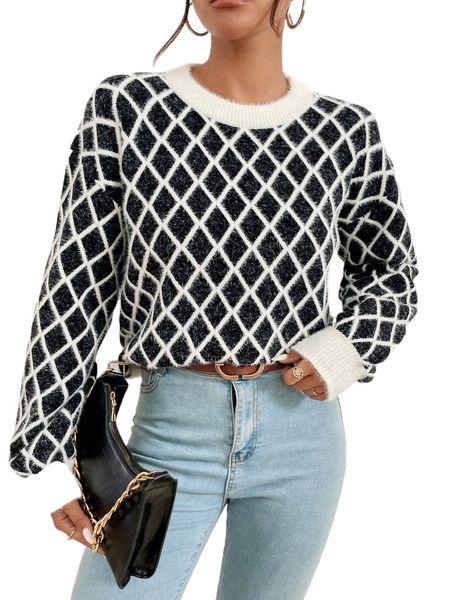 

geo pattern drop shoulder sweater u9i1#, White;black