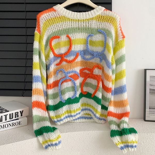 Frauenpullover Langarm Mohair Vintage Pullover Frau Winter 2024 Crewneck Wolle Regenbogenstreifen Strickpullover Design Kleidung