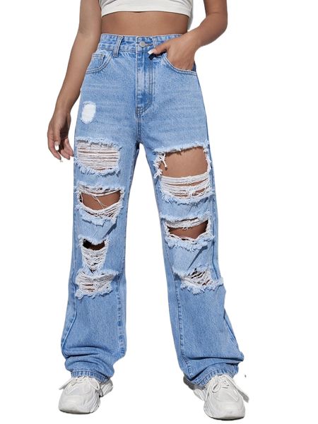 

zipper fly ripped straight leg jeans 31wt#, Blue