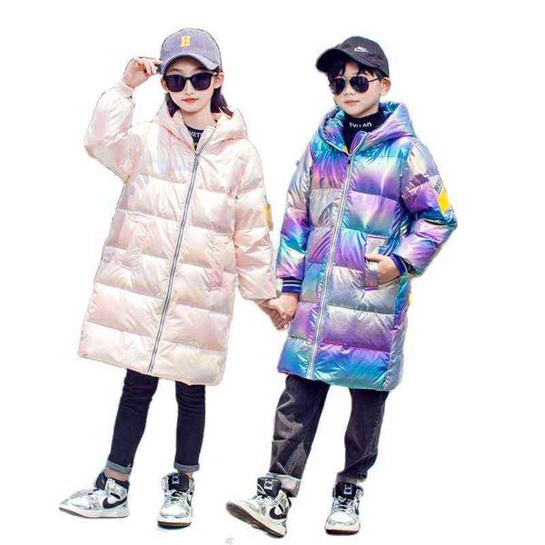 

young children girls winter jacket long style oversized hooded glossy parka teen boys outerwear snow down jackets 9 11 12 13 14 j220718, Blue;gray