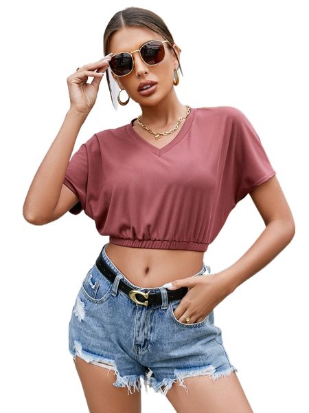 

dolman sleeve elastic hem crop tee k91d#, White