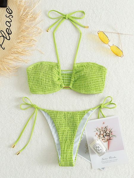 

smocked halter tie side bikini swimsuit l8h7#, White;black