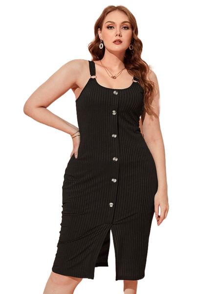 

plus 1pc button front split hem tank dress g444#, Black