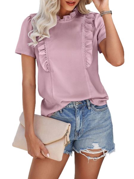 

frill neck ruffle trim contrast lace puff sleeve satin blouse w98p#, White