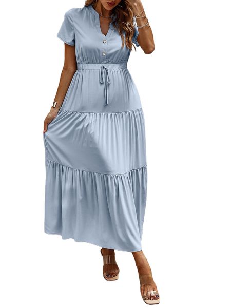 

notch neck ruffle hem fake drawstring dress o1lj#, Black;gray