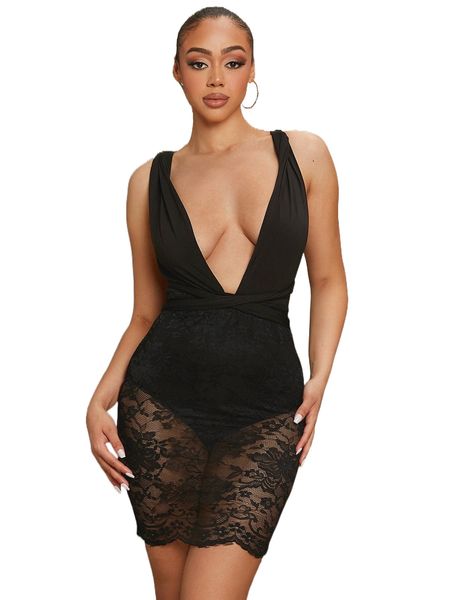 

sxy plunging neck crisscross backless knot contrast lace bodycon dress t2cp#, Black;gray