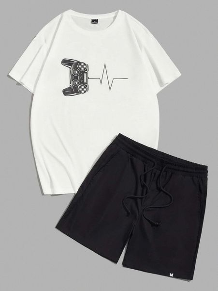

men gamepad print tee & letter patch shorts set e6yr#, Gray