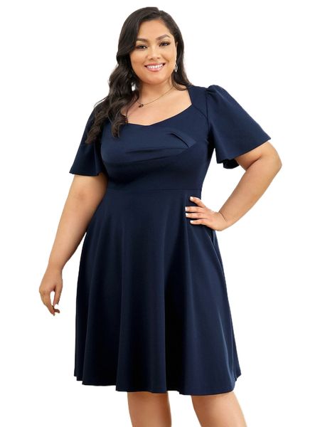 

curvysweet plus sweetheart neck flutter sleeve dress 82ec#, Black