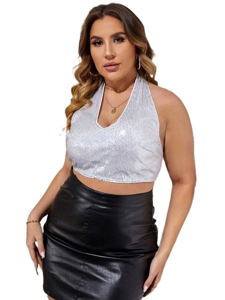 

plus sequins backless halter 04fh#, Black