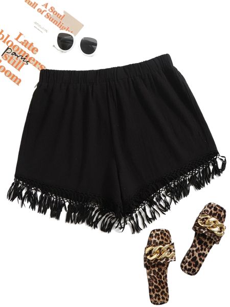 

plus elastic waist fringe hem shorts v9a9#, Black