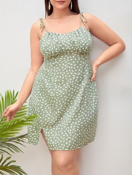 

plus dalmatian print ruched bust split hem cami dress 929a#, Black